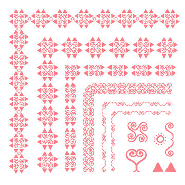 Set of decorative seamless ornamental border with corner. Separate ornamentation elements. Pink