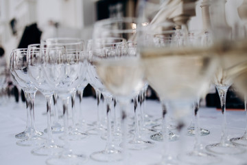 The buffet table with champagne