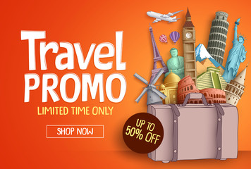 Travel promo vector banner template with world's famous tourist landmarks, baggage elements and discount text for travel agency. Vector illustration.
