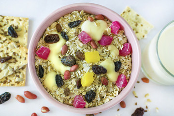 Muesli with dried fruits. Delicious and healthy breakfast.