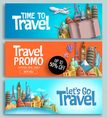 Travel banner set vector template design with travel and tour text and world's famous landmarks and tourist destinations elements in colorful background. Vector illustration.   © AmazeinDesign