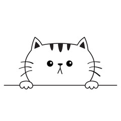 Cat sad head face icon. Hands paw holding table line. Contour silhouette . Cute cartoon kitty character. Kawaii animal. Funny baby kitten. Love card. Flat design. White background Isolated.
