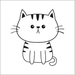 Linear cat sad head face silhouette. Contour line. Cute cartoon sitting kitty character. Kawaii animal. Funny baby kitten. Love Greeting card. Flat design. White background Isolated.