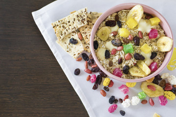 Muesli with dried fruits. Delicious and healthy breakfast.