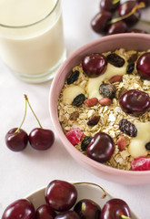 Muesli with cherry berries. Delicious and healthy breakfast.
