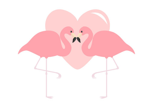 Two flamingo couple Big pink heart. Exotic tropical bird. Zoo animal collection. Cute cartoon character. Love greeting card. Flat design. Valentines day symbol. White background