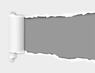 Torn hole in sheet of white paper with gray background of resulting window for text, ad or other aims. Vector template paper design.