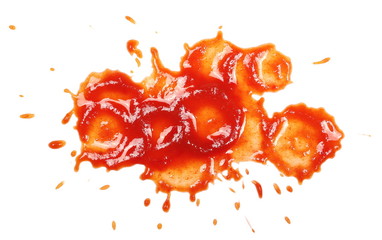 Fototapeta na wymiar Ketchup spreading, splashes isolated on white background, tomato pure texture, top view