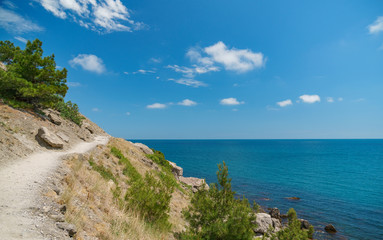 Rocky steep road up high in the mountains, green grass on the background of blue sky and clouds