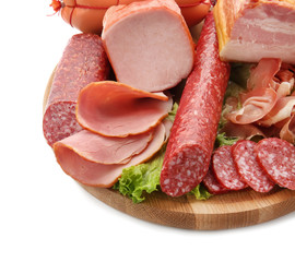 Assortment of delicious deli meats on wooden board, isolated on white
