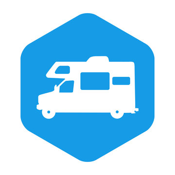 Icono plano autocaravana en hexagono azul