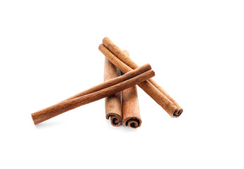 Aromatic cinnamon sticks on white background