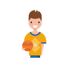 Male basketball player character, smiling guy in sports uniform holding ball vector Illustration on a white background