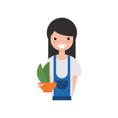 Girl gardener character, young woman holding flower pot vector Illustration on a white background