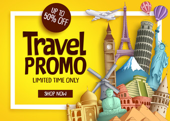 Travel promo vector banner template with discount text and famous tourist landmarks elements in a frame for travel and tour promotion. Vector illustration.
