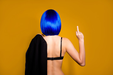 Fuck you bitch! Middle finger sign by mysterious unknown nude stranger woman in vivid blue wig...