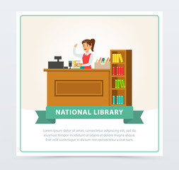 Librarian woman at service desk banner, education, school, study and literature concept, national library flat vector illustration element for website or mobile app