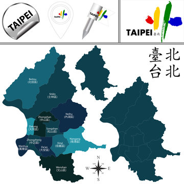Map of Taipei, Taiwan with Districts