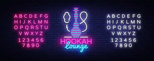 Hookah neon sign vector. Hookah Lounge logo in neon style design pattern bright advertising Hookah night, light banner design element. Vector illustration. Editing text neon sign © Ivan