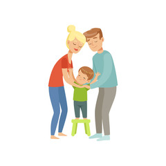 Parents embracing their son, mother and father hugging their kid, happy family and parenting concept vector Illustration on a white background