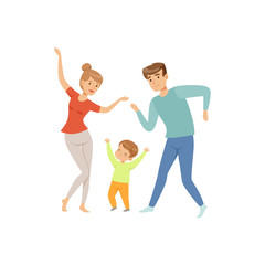 Mom and dad dancing with their little son, happy family and parenting concept vector Illustration on a white background