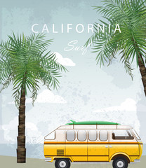 California Summer Travel card with camping car Vector. Camping trailer on palm trees backgrounds