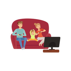 Mom, dad and their little son sitting on the sofa and watching TV, happy family and parenting concept vector Illustration on a white background