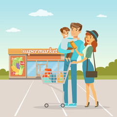 Parents and their little son standing in front of supermarket building with shopping cart, people shopping concept vector Illustration