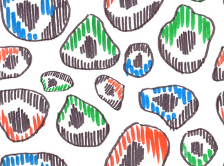 Seamless pattern with big red, green and blue spots imitation of animal print painted in highlighter felt tip pen on clean white background