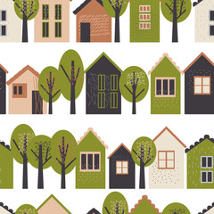 Vector seamless pattern with cute houses and trees on white background