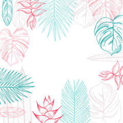 Fototapeta na wymiar Vector background wit hand drawn tropical plants. Leaves and flowers.