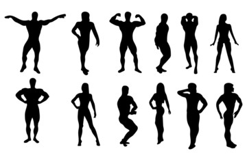 Set of bodybuilders vector silhouettes. Posing men and women. Muscular people