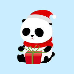 Vector Illustration: A cute cartoon giant panda with red scarf and red christmas hat is sitting on the ground opening a christmas present / gift wrapped with red present box and green ribbons.