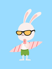 Vector Illustration: A cute cartoon bunny with a surfboard, an ice cream and sunglasses in summer holiday.