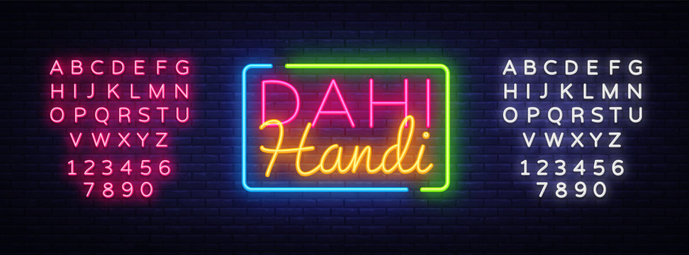 Dahi Handi Celebration Design Template. Janmashtami neon style, light banner, modern trend design. Indian holiday, Krishna's Birthday. Vector illustration. Editing text neon sign