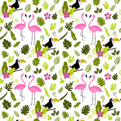 Seamless pattern with flamingo, toucan and palm leaves. © savvalinka