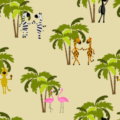 Seamless pattern with flamingo, giraffe, zebra, tiger, panther and palm trees. © savvalinka