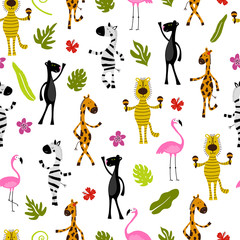 Seamless pattern with flamingo, giraffe, zebra, tiger, panther and palm trees. © savvalinka