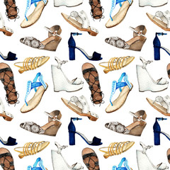 Watercolor Fashion Illustration. set shoes. seamless pattern