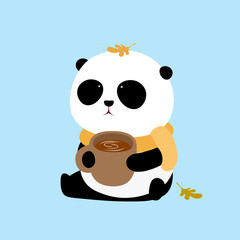 Vector Illustration: A cute cartoon giant panda with a scarf is sitting on the ground with a cup of coffee in the hands.