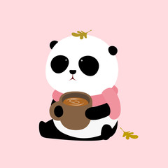 Vector Illustration: A cute cartoon giant panda with a scarf is sitting on the ground with a cup of coffee in the hands.