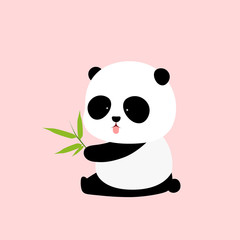 Vector Illustration: A cute cartoon giant panda is sitting on the ground, sticking tongue out, with a branch of bamboo leaves in hand