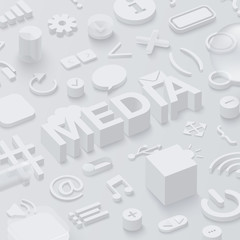 Grey 3d media background with web symbols.
