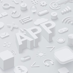 Grey 3d app background with web symbols.