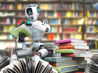 modern concept of piece intelligence robot is reading books sitting on a pile of books3d render - obrazy, fototapety, plakaty