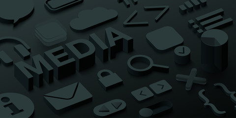 Black 3d media background with web symbols.