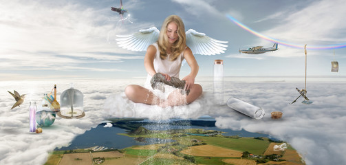 Fantasy scene - girl angel showering the earth with rain
