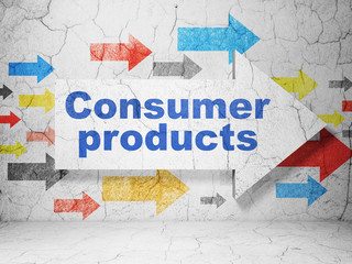 Business concept:  arrow with Consumer Products on grunge textured concrete wall background, 3D rendering