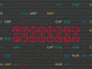 Finance concept: Painted red text Consumer Products on Black Brick wall background with Currency