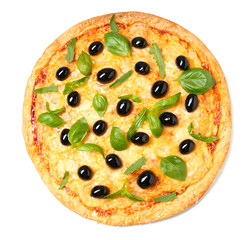 Tasty pizza with olives on white background